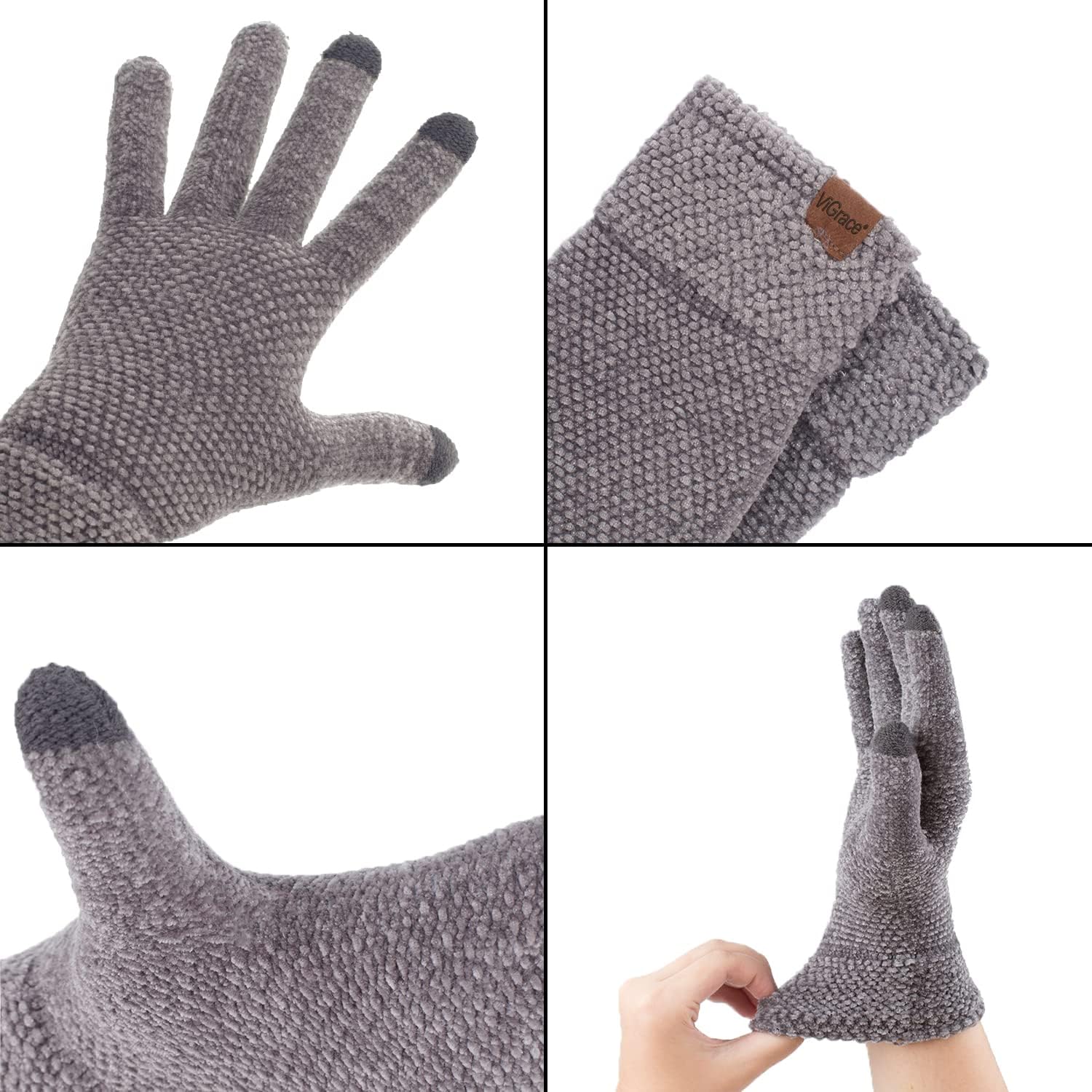 ViGrace Winter Touchscreen Gloves for Women Chenille Warm Knit with 3 Touch Screen Fingers Texting Elastic Cuff Thermal Glove