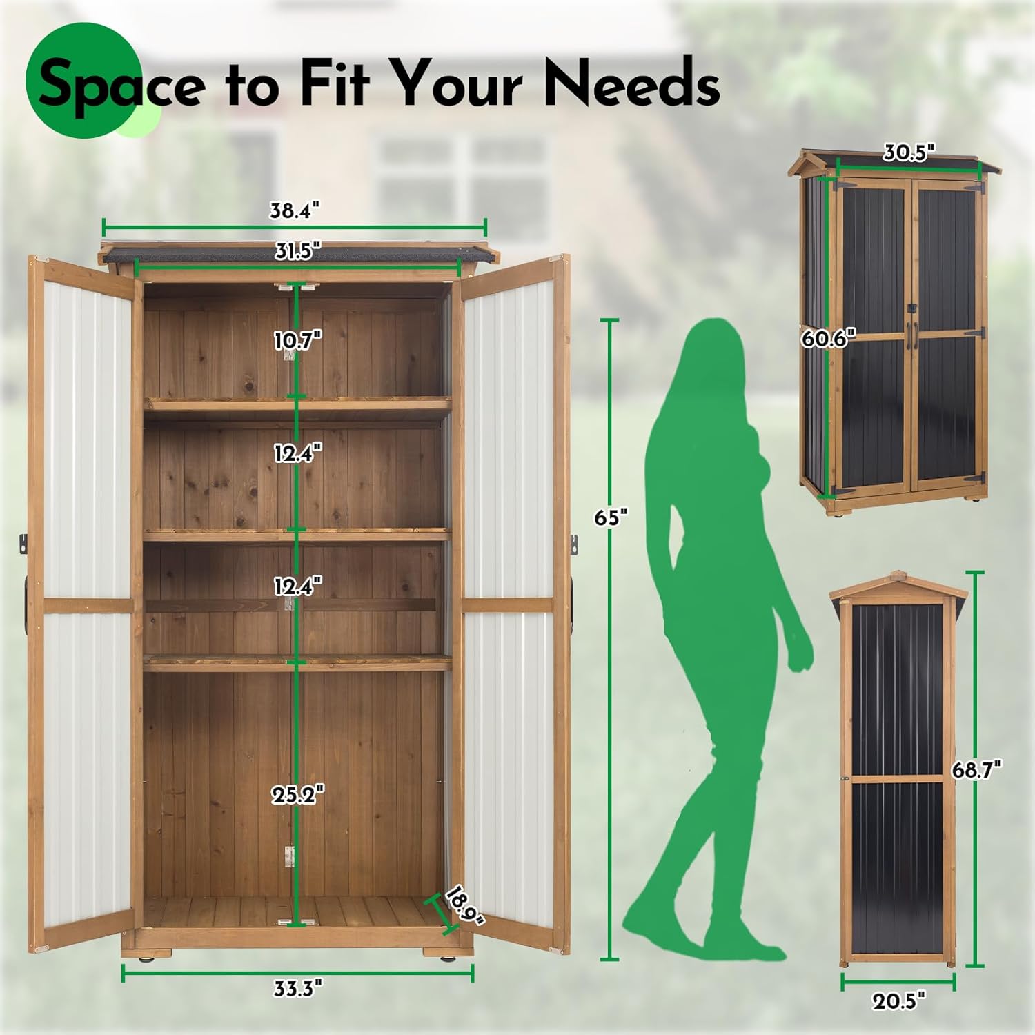 Large Outdoor Storage Cabinet, Wood Outdoor Storage Shed with Three Adjustable Shelves, Lockable Doors, Waterproof Roof, Outdoor Cabinets Garden Tool Shed, Brown, 38''x20.5''x69''