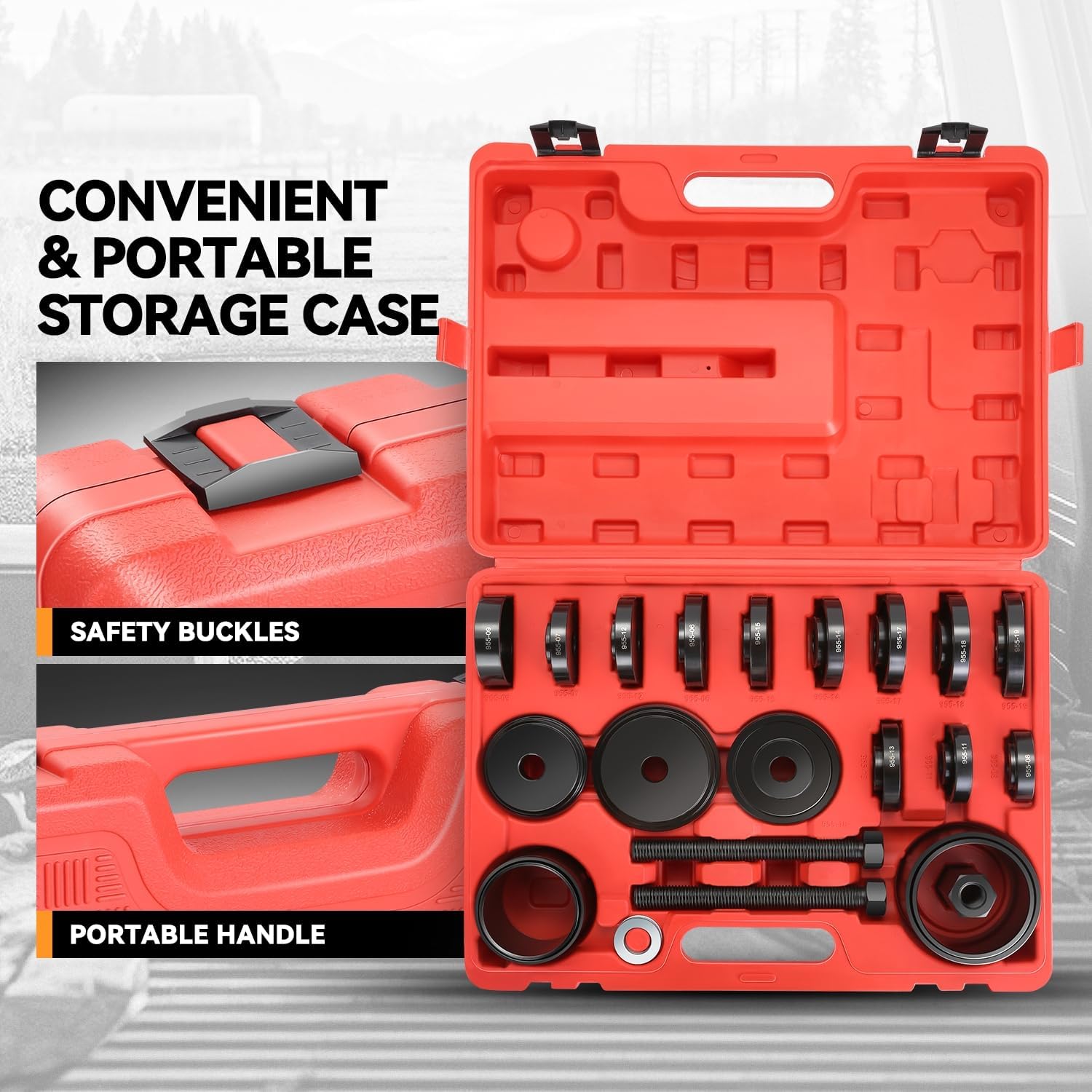 Auto Dynasty Wheel Bearing Puller Tool Set, 24Pcs Wheel Bearing Press Kit with Sliding Screws Universal Bushings Sleeves for Front Wheel Drive Bearing Removal Installation