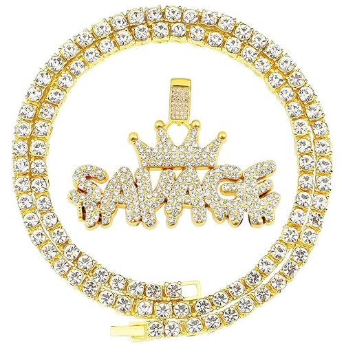 HH BLING EMPIRE Iced Out Name Pendant Chain Necklaces for Men Gold Silver Diamond Letter Necklace Hip Hop Crown Tennis Chains 22 Inch (Crown -Gold,& Tennis)
