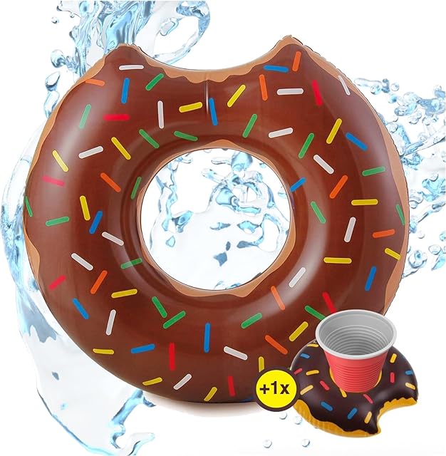 Dmuchany donut w rozmiarze XXL z motywem nadgryzienia, brązowy lub różowy, koło do pływania, materac dmuchany, poduszka do pływania, na basen, z 1 x nadmuchiwanym uchwytem na napoje i koktajle