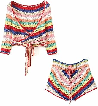 Womens 2 Pieces Bikini Set Hollow Out Mini Skirt Summer Beach Crochet Knit Sets,Long Sleeve Cover Up Short Pants