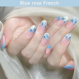 DUKASOU Semi Cured Gel Nail Strips, Blue Rose French | 28 pcs Chinese Style Gel Nail Strips Work with Any UV Lamp, Salon Quality New Chinese Nail Stickers, Include Prep Pads, Nail File&Wood Stick