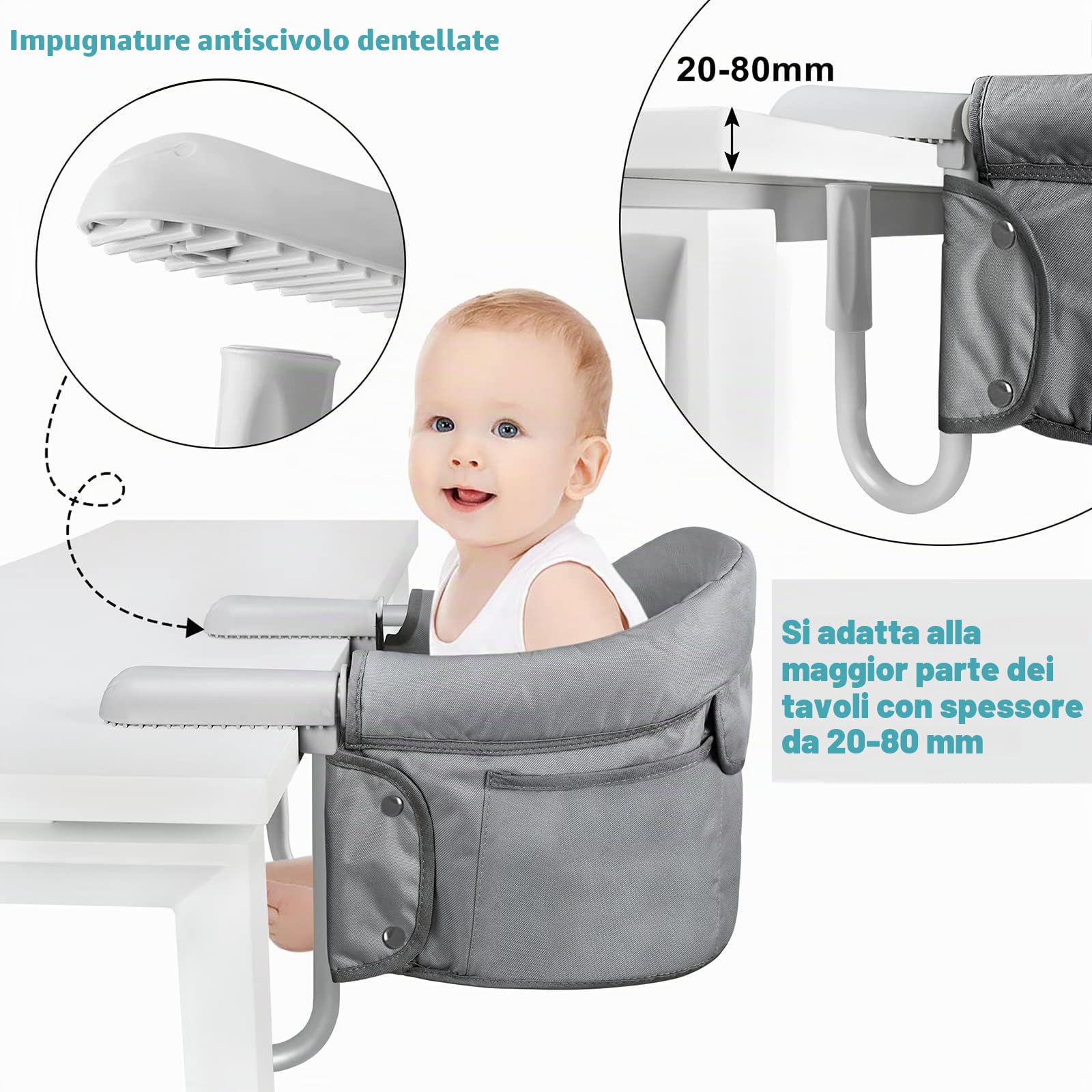 UISEBRT Seggiolino da Tavolo Pieghevole, Seggiolone per Bambini con Altezza Regolabile, Seggiolino con Morsetto Antiscivolo e Cintura di Sicurezza, Seggiolone Portatile per Bambini per Viaggi e Casa