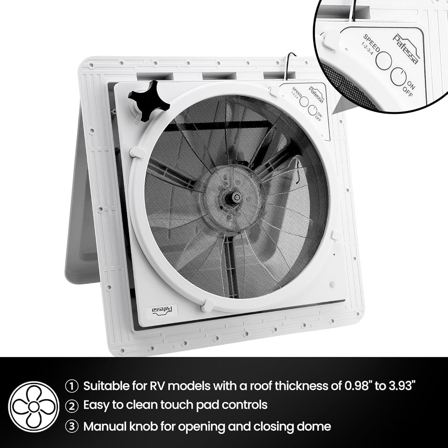 USA RV Roof Vent with Fan 12-Volt 4-Speed Reversible - 14"x14" - with LED Light Trim Shroud - Manual