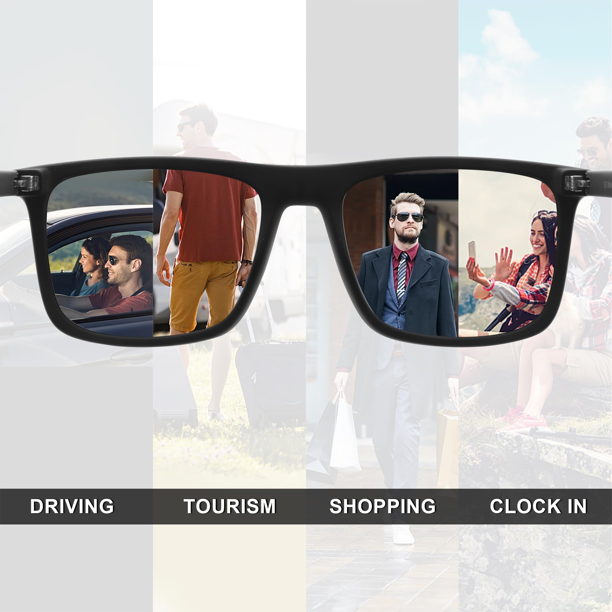 Gafas de sol polarizadas para hombre, marco de goma cuadrado de fibra de carbono, templo de pesca, conducción, protección UV, RFS8205, Lente plateada espejada con marco negro, Grandes 5