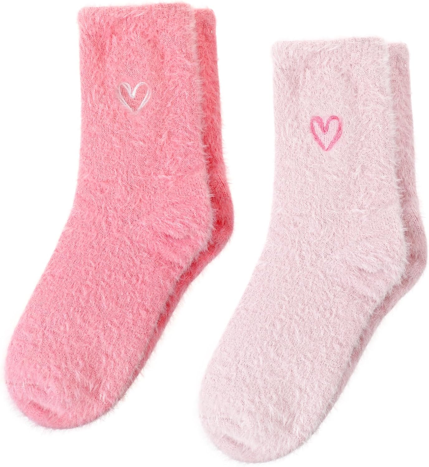 2 Pairs Super Soft Fuzzy Socks for Women, Winter Embroidered Heart Sleeping Socks