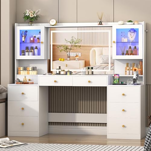 Big Vanity, Modern Makeup Vanity Desk with Mirror and Sound Sync LED Lights, Large Vanity Dressing Table, 8 Drawers, 2 Glass Cabinets, with Charging Station for Girls, Women (Off White, 62" Width)
