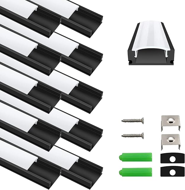 inShareplus 10 Pack, 3.3ft/1 Meter, Black, LED Aluminum Channel System U Shape with Milk White Cover, End Caps and Mounting Clips, Aluminum Profile for LED Strip Light Installations