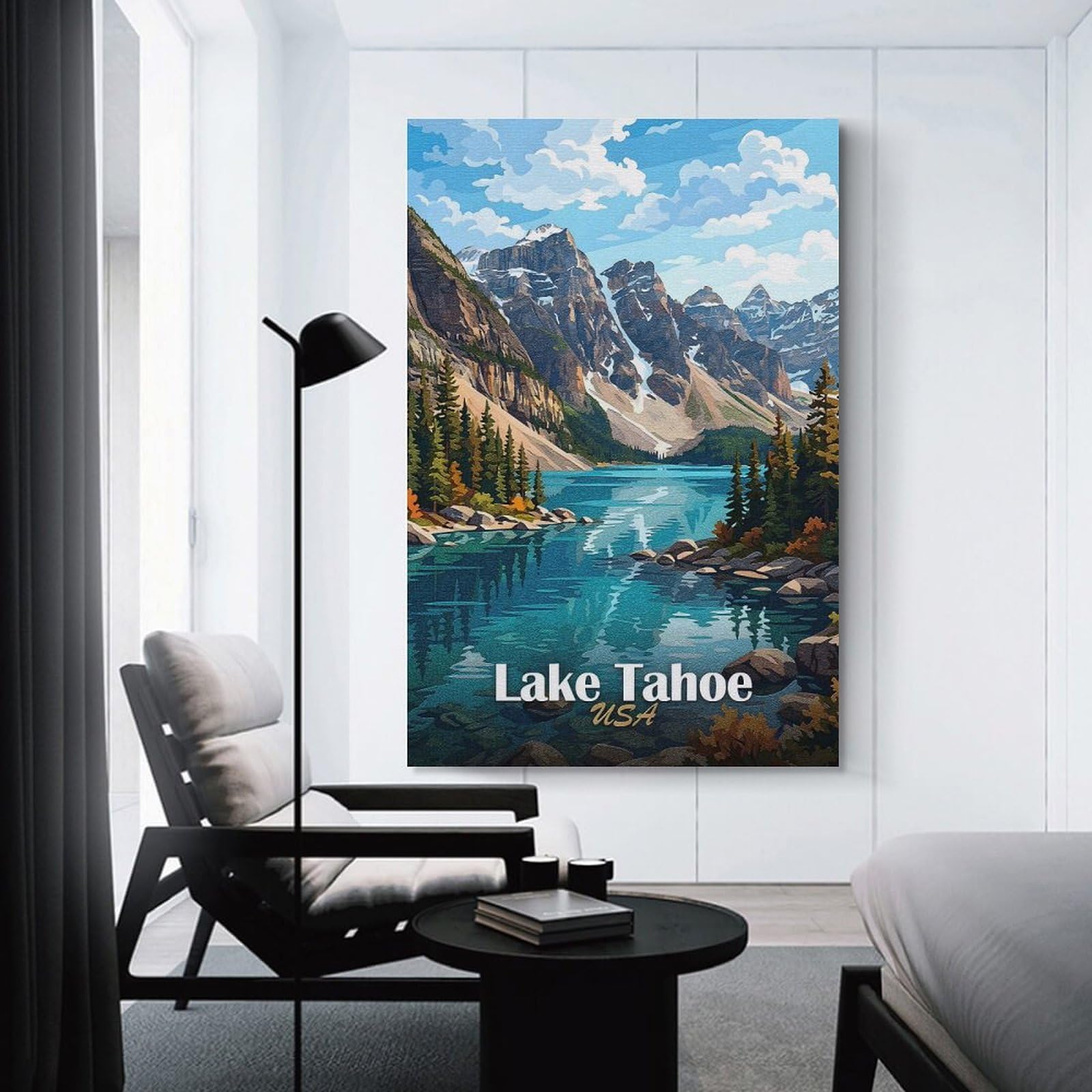 Junmoney Lake Tahoe USA Landscape Painting Canvas Wall Art, 08x12inch(20x30cm), for Bedroom Decor, Cosy Corners Or Studios, Stylish Decor for A Restful Room Update