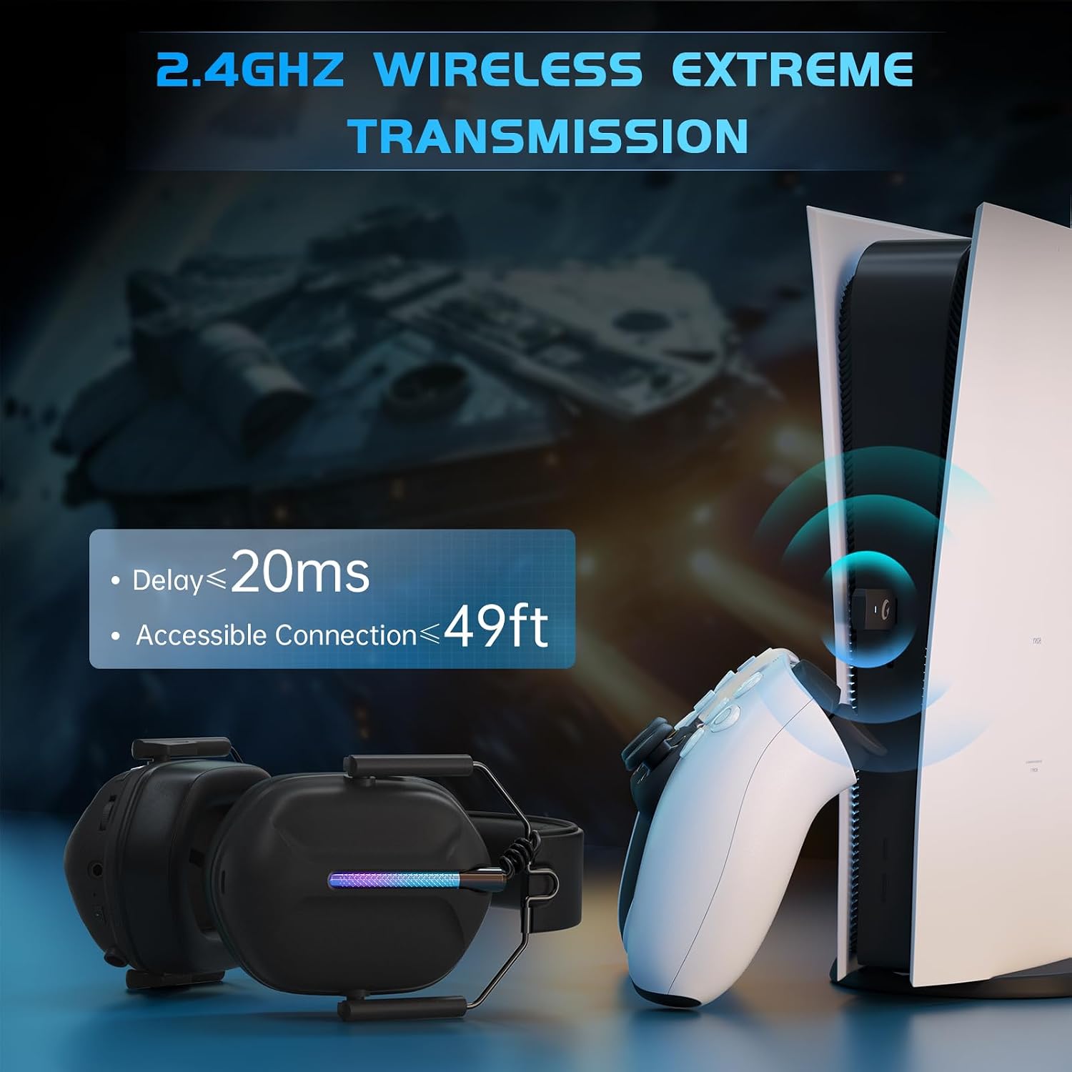 Image depicting the 2.4GHz wireless transmission feature of the Gvyugke Captain 500 headset, showing low latency and an accessible connection range of up to 49ft, with a PlayStation console in the background.