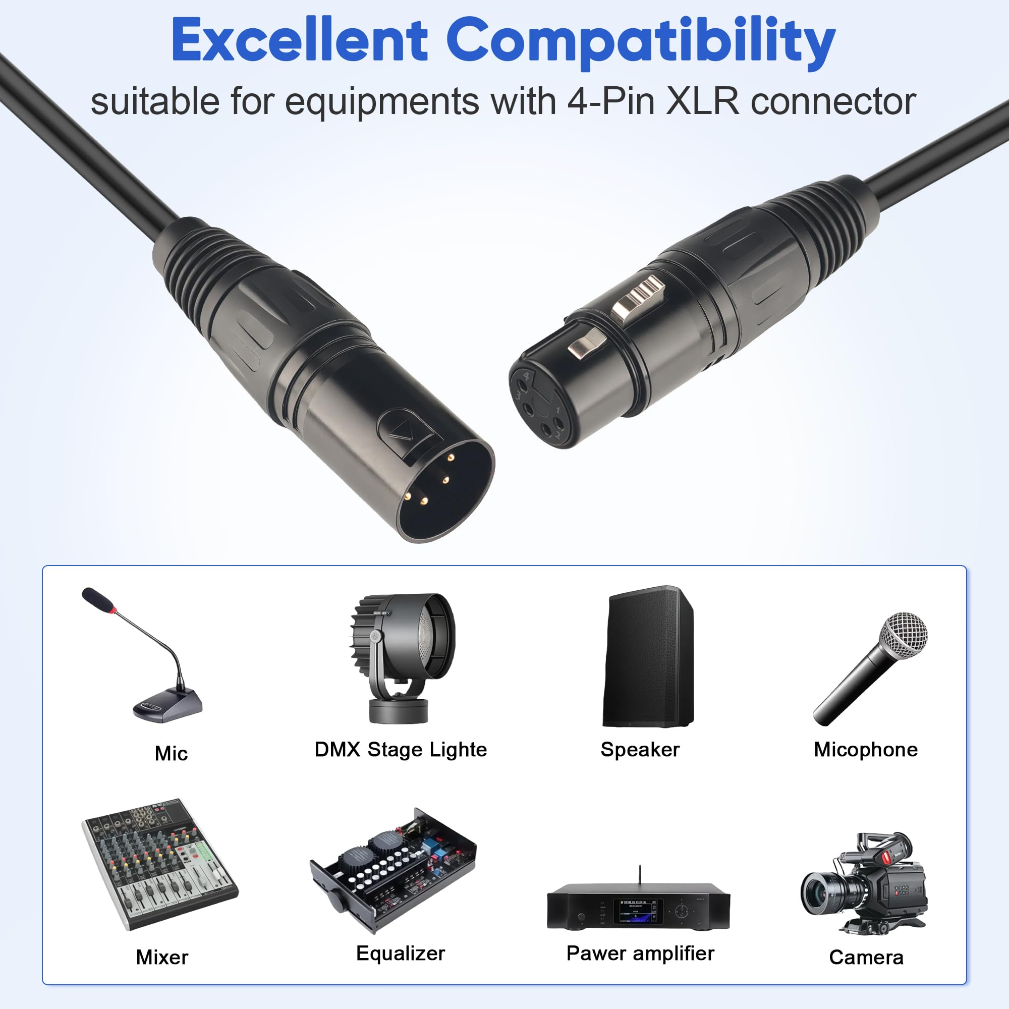 Cable XLR de 4 pines, 10 pies profesional de alta fidelidad blindado XLR macho a hembra, cable de conexión de extensión de audio equilibrado para auriculares y micrófono, cable de alimentación para