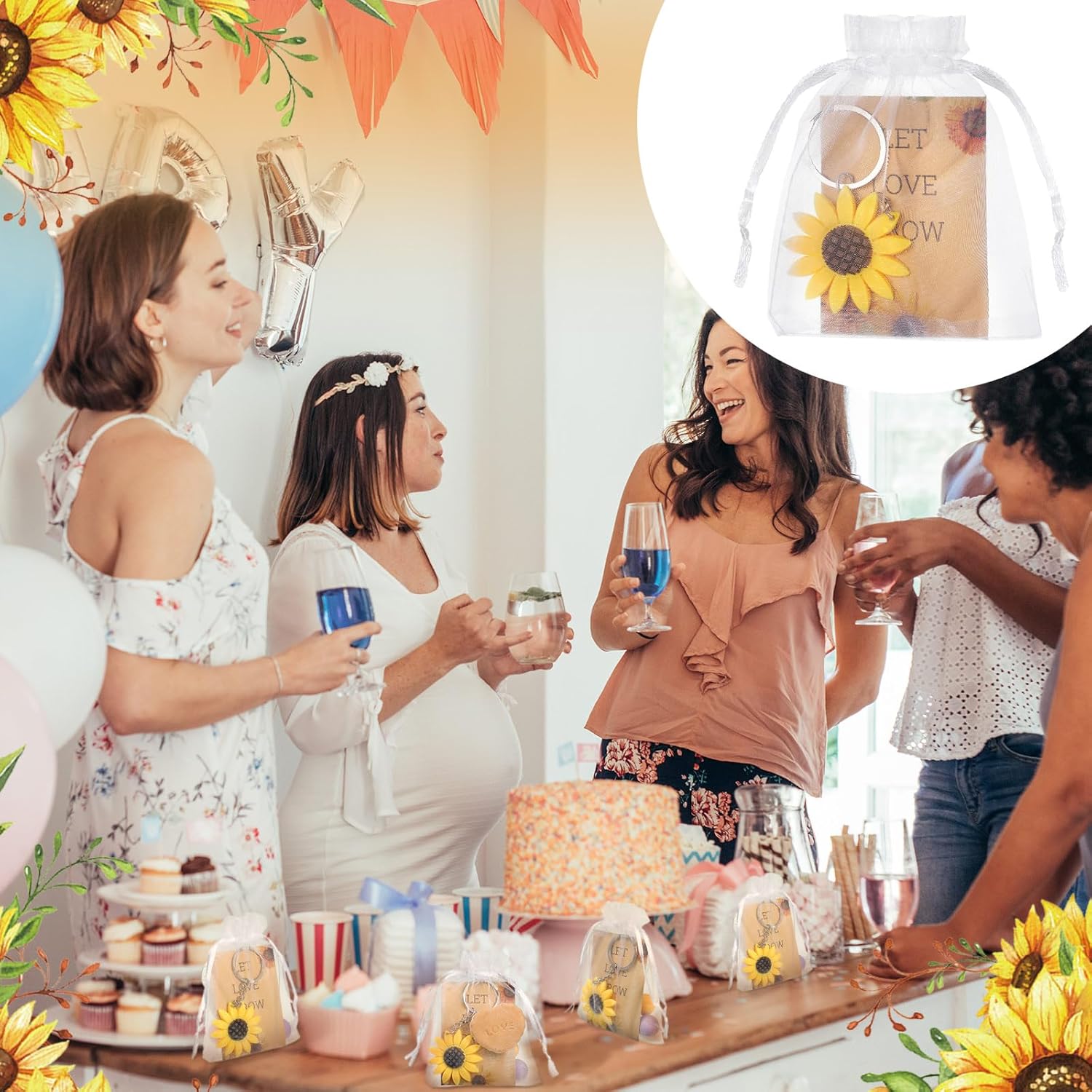 300 Pcs Sunflower Party Favors Includes 100 Let Love Grow Seed Packets Self Adhesive Wedding Envelopes 100 Organza Bags 100 Sunflower Keychain for Baby Shower Birthday Wedding Guests Return Gifts