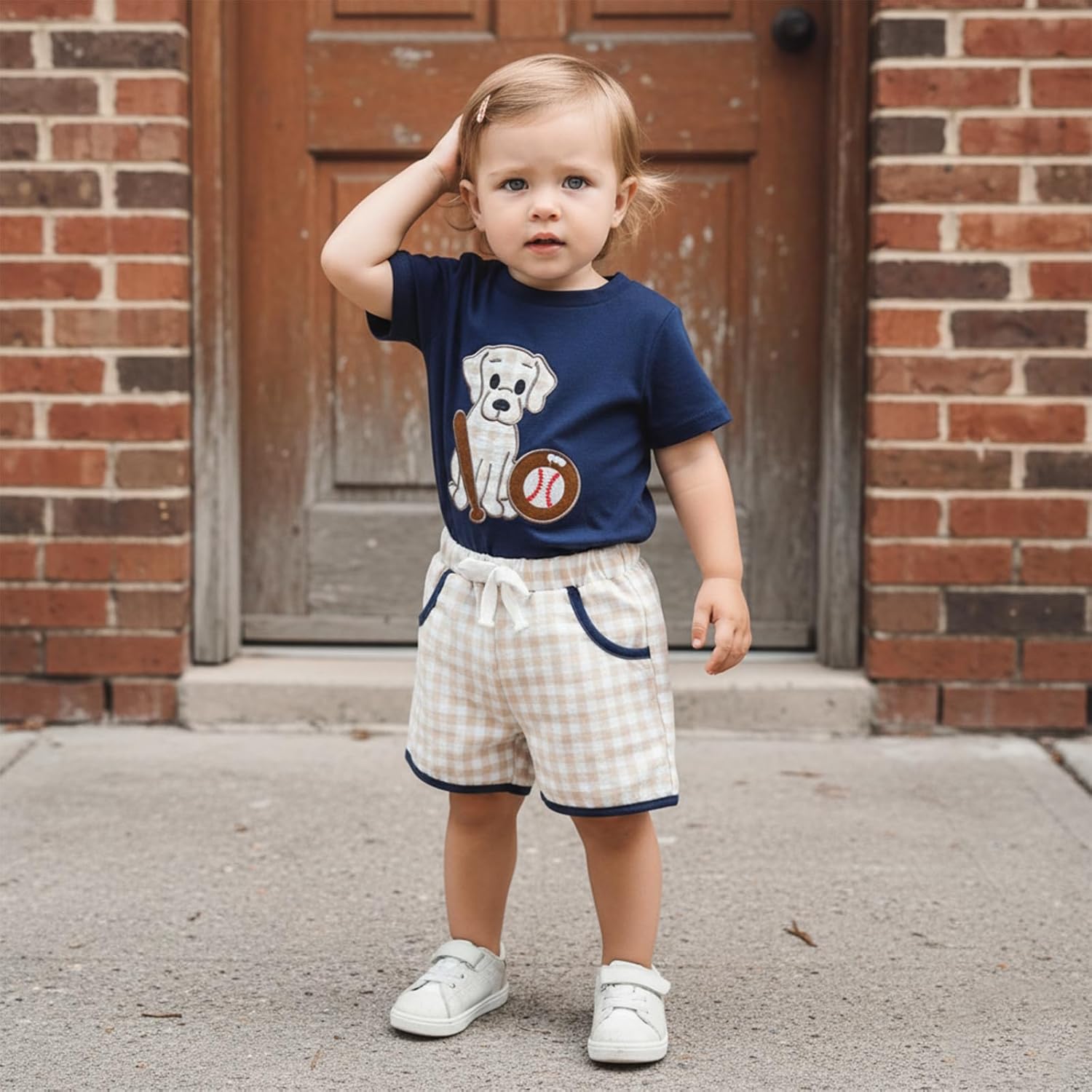 Toddler Baby Boy Summer Outfit Short Sleeve Embroidery Baseball Tops Plaid Shorts Cute Baseball Clothes Set - Image 2