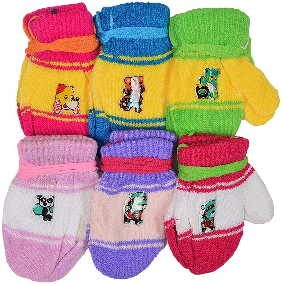 MJ Ragav Multicolored Cartoon Printed Soft Woolen Warm Winter Gloves For Age 0-24 Months (6 Pairs) (Color May Vary)