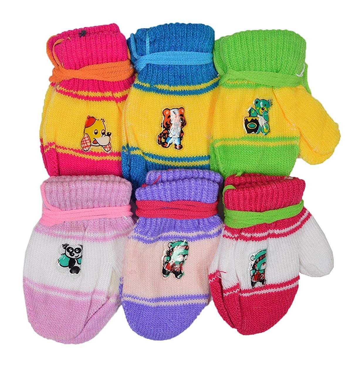 MJ Ragav Multicolored Cartoon Printed Soft Woolen Warm Winter Gloves For Age 0-24 Months (6 Pairs) (Color May Vary)