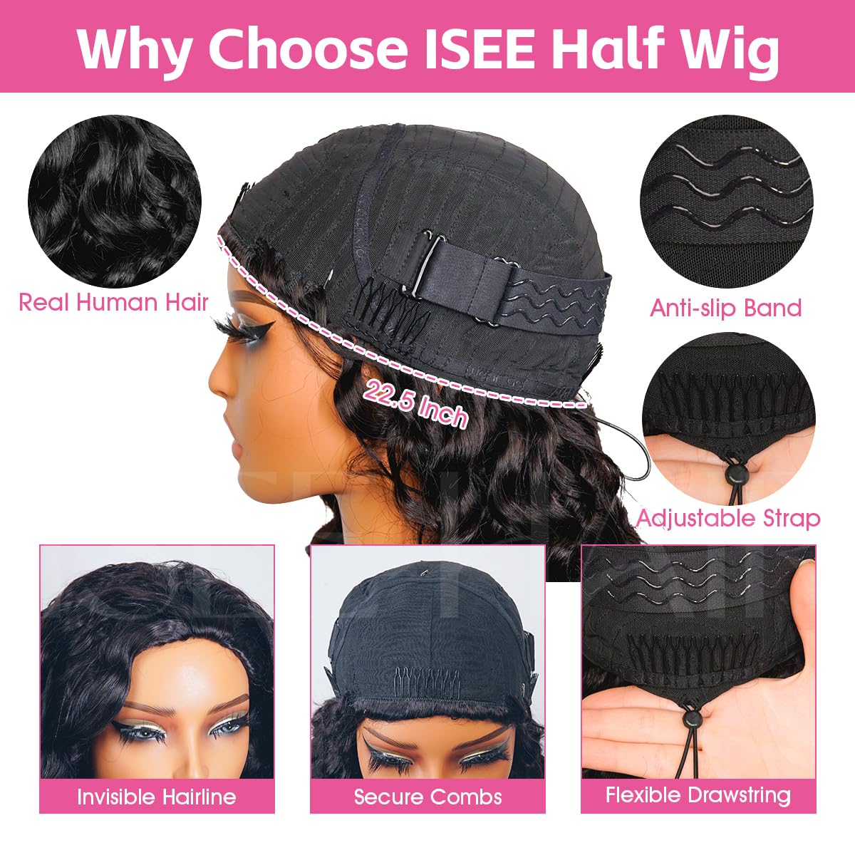 ISEE Half Wig Human Hair Loose Deep Wave 3 In 1 Flip Over Wear and Go Glueless Wigs With Drawstring 180% Density Seamless Clip Ins Loose Curly Half Wig For Women Beginner Friendly 26 Inch