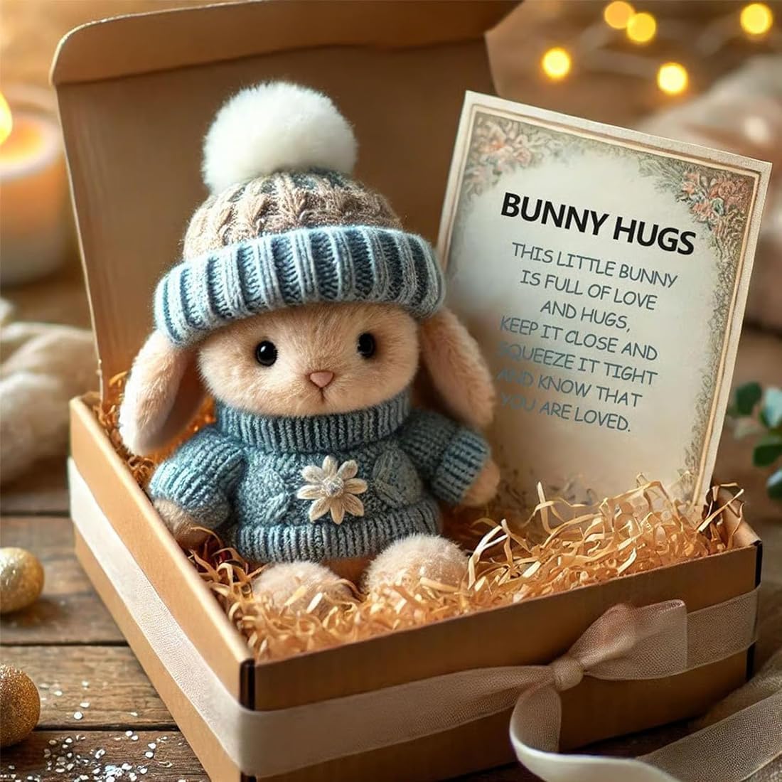 Mini Bunny Hug Cute Easter Gift, Mini Bunny Hug in Box, Emotional Support Positive Crochet Bunny with Inspirational Card, Handmade Plush Pocket Hug Rabbit Doll for Kids Family Friend (1PC-Blue)