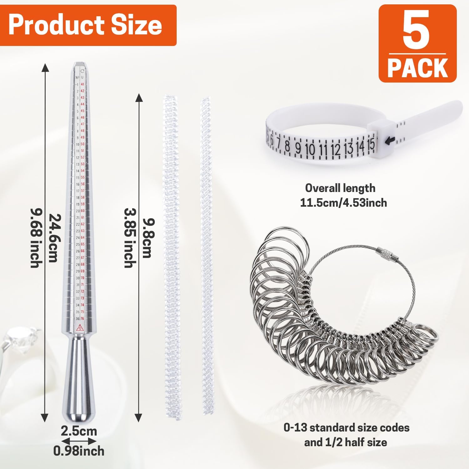 BERYA 5 Pcs Ring Sizer Measuring Tool, Ring Sizer Set with Aluminum Ring Mandrel Metal Gauge US Size 1-13 for Jewelry Sizing Measuring, Rings Sizes Tools Kit Adjuster for Women Men Rings