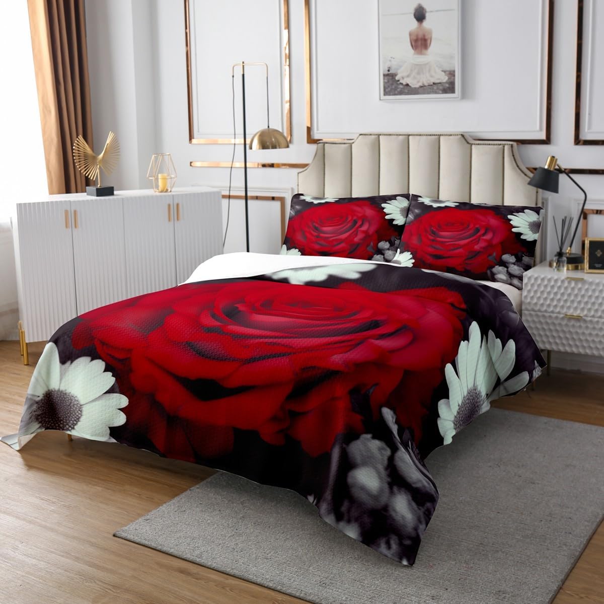 Erosebridal Red Rose King Bedding Set,Romantic Flowers Floral Bedspread Set for Teens Adult,Valentines Day Bedspread Sets,Exotic Daisy Blossom Petals Coverlet Set,3 Piece