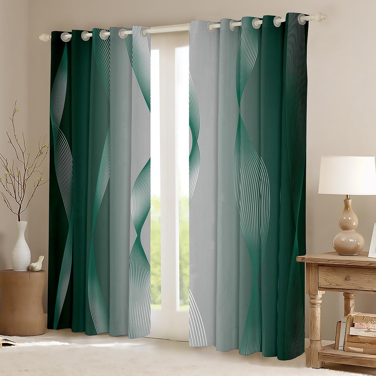 Homewish Gradient Green and Greyish White Blackout Curtains Ombre 2 Panels 66" Wx72 L Curtains & Drapes,Trippy Spiral Silver Wave Line Curtains,Abstract Art Room Decor Aesthetic - Image 3
