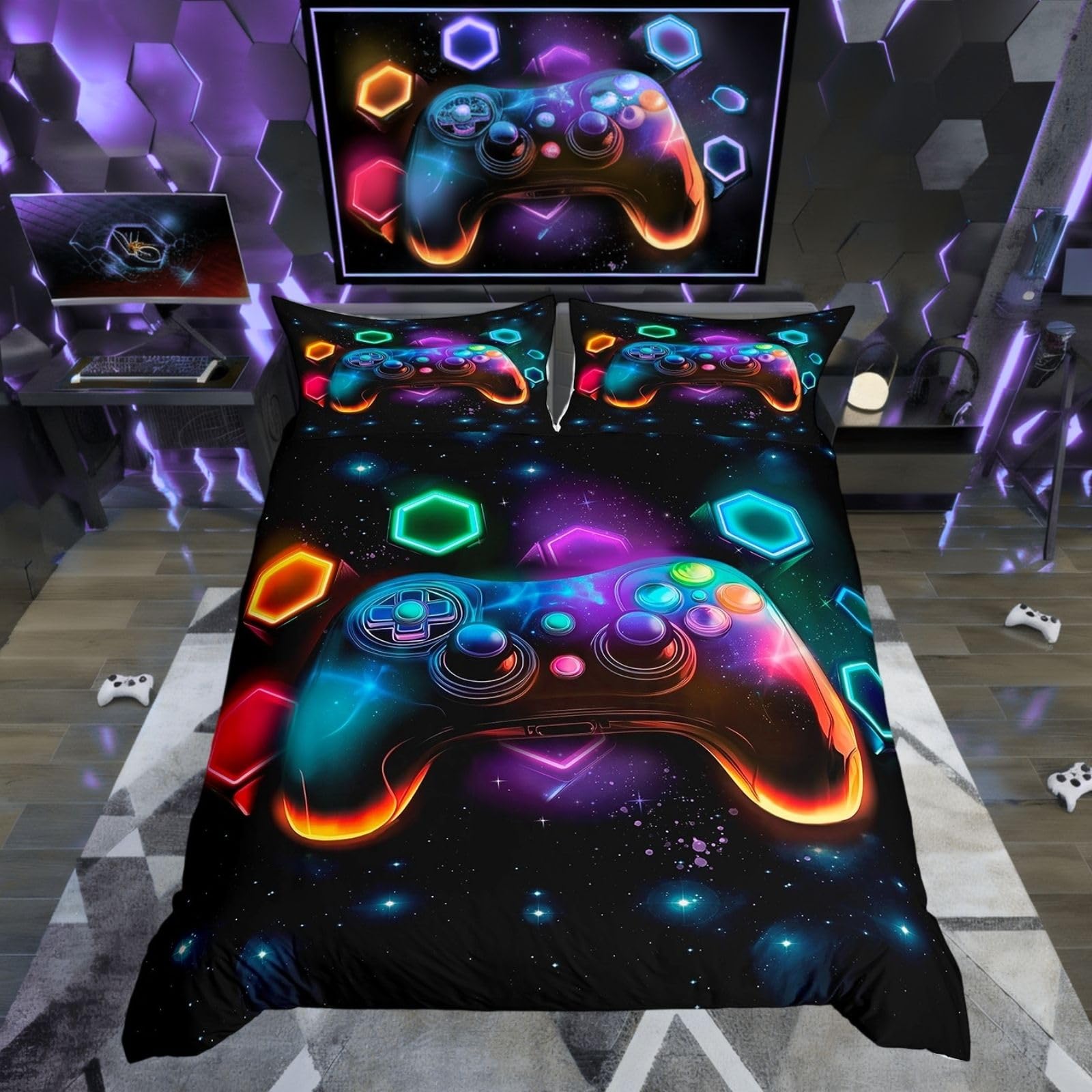 Parure de lit gamer 1 personne Homewish avec housse de couette gaming 140x200 et taie