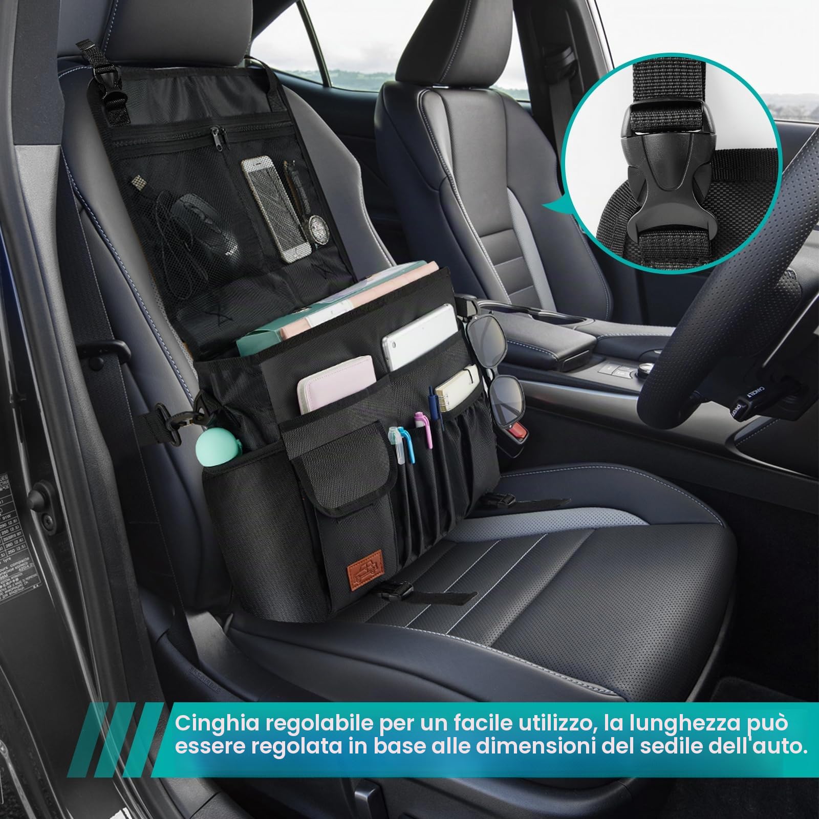 Eurhomewit Organizer per Sedile Auto, Multiuso Borsa Portaoggetti per Sedile Auto con Compartimento per Laptop, Portatile Messenger Bag, Portadocumenti, Nero