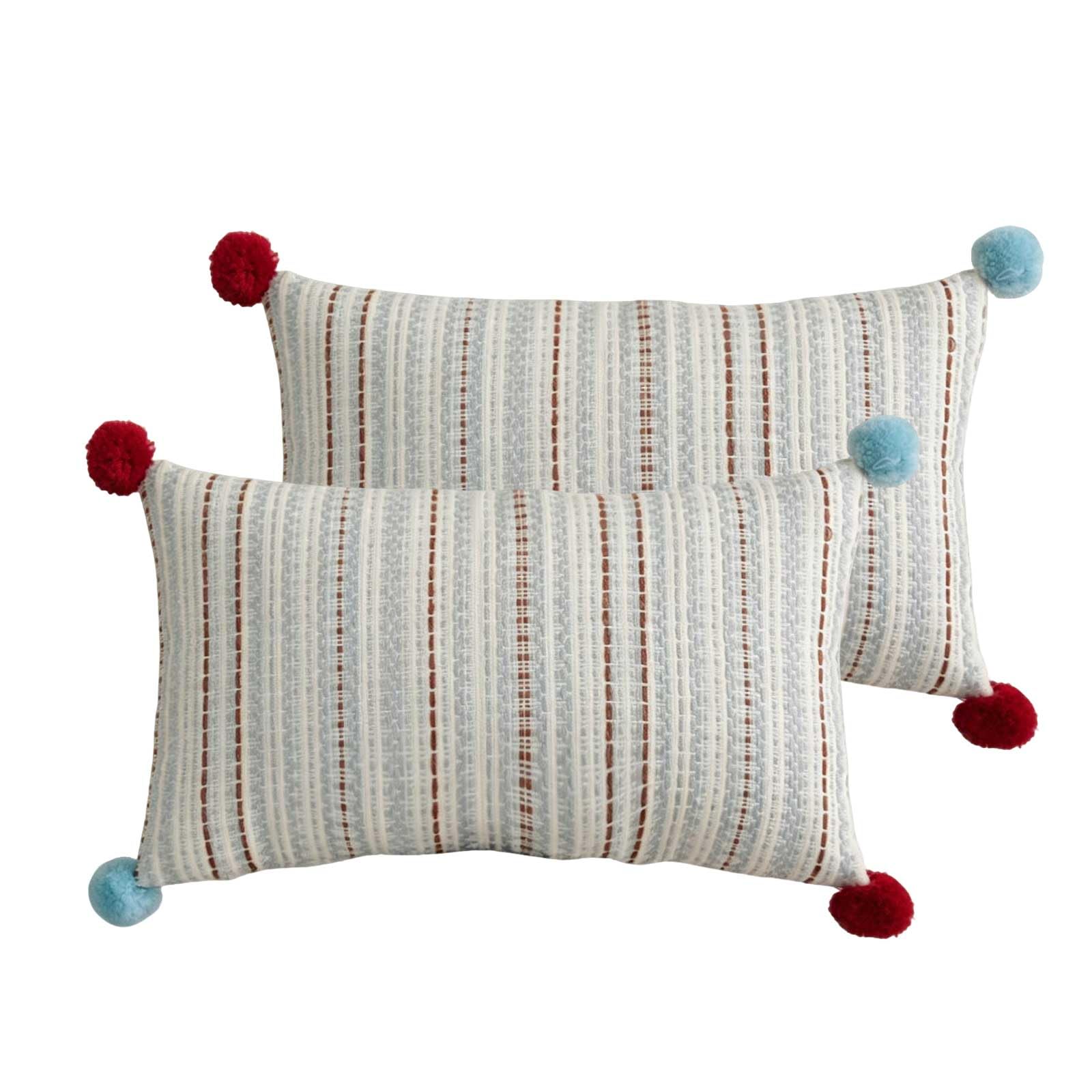 Bcciapln Ice Blueb Striped Textured Boho Throw Pillow Covers With Pom Pom