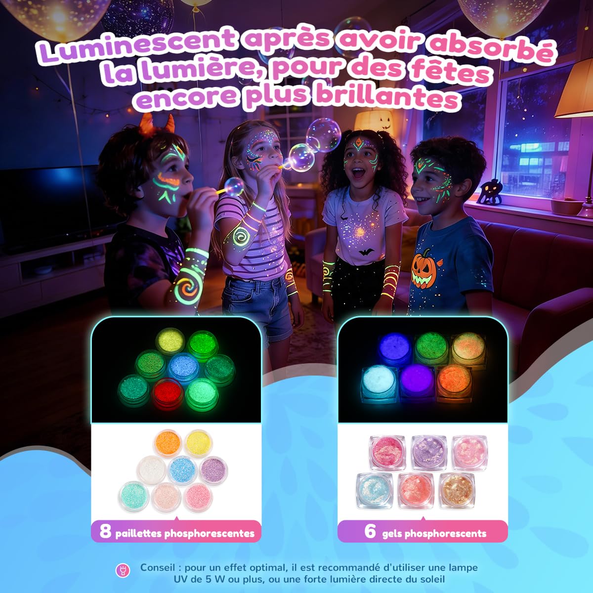 Bledras Kit Tatouage Paillettes Enfant, 36 Couleurs Comprend 6 Couleurs Lumineuse Paillettes Gel, Tatouage Temporaire pour Fête, Halloween, Carnaval, Maquillage Cheveux, Ongles