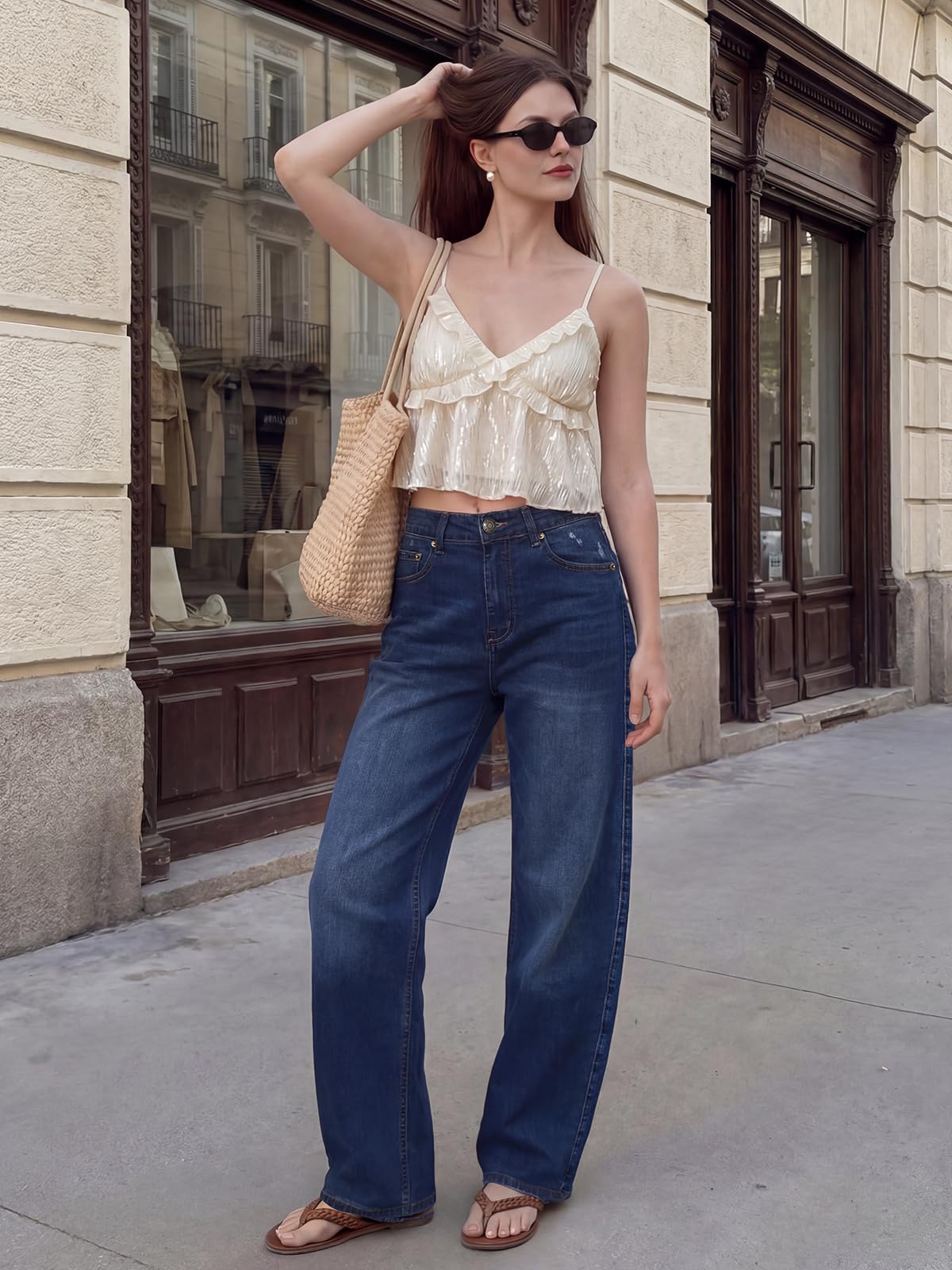 Jean Femme,Baggy Jeans Taille Haute et Jambes Large,Vintage Wide Leg Fit Stretch Boyfriend Pantalon en Denim