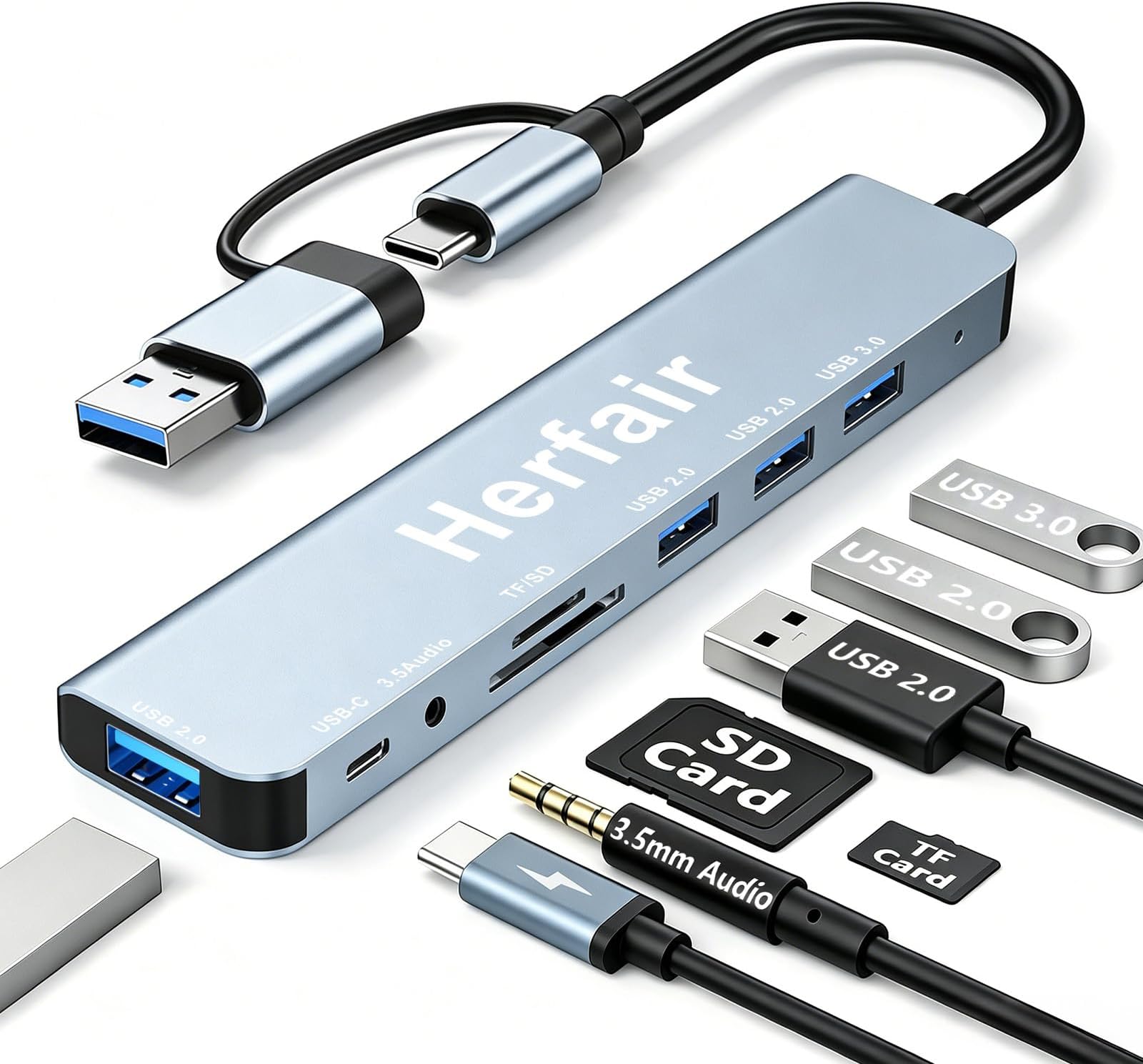 USB Hub 3.0 USB C Hub with SD Card Reader Audio Jack 8 in 1 USB Extender Splitter Multiport Dongle Adapter for MacBook Pro Air and More PC/Laptop/Tablet Devices