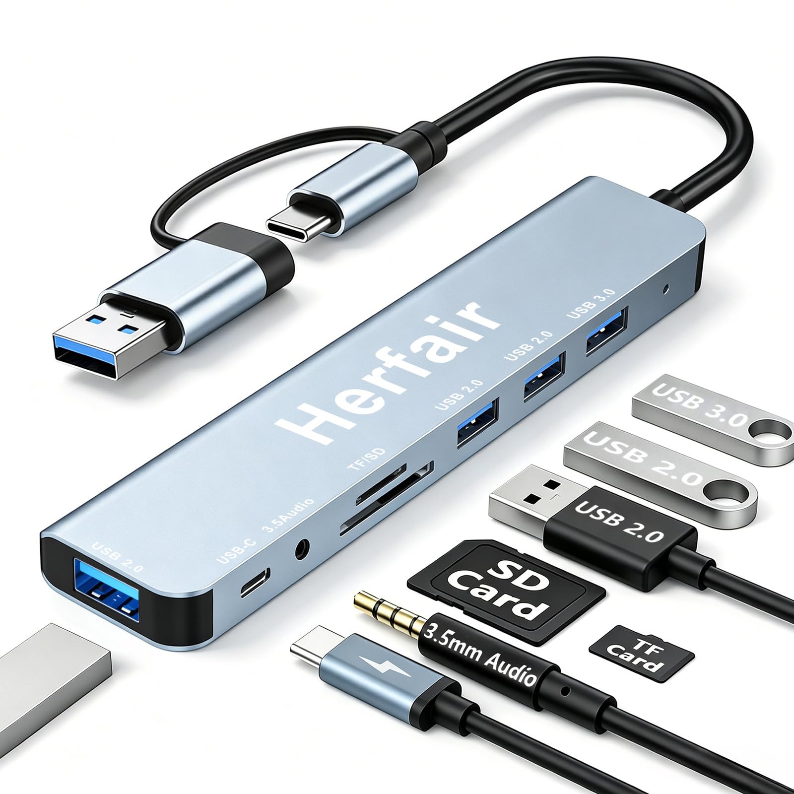 herfair usb c hub 8-in-1 usb extender with 4 usb ports, 1 usbc jack, tf/sd card reader, 3.5mm audio output for macbook pro/ipad pro/iphone 15/laptop/galaxy phones/more (1 to 8)