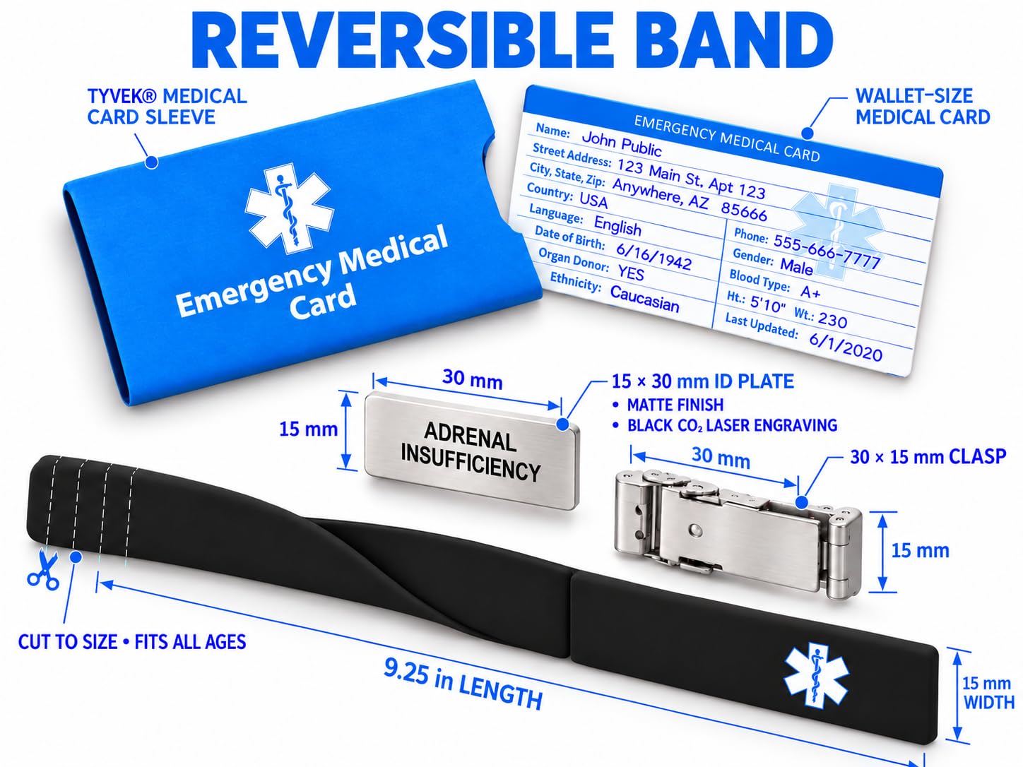 Bracelet d'identification médicale réversible « Insuffisance surrénale » pour homme et femme