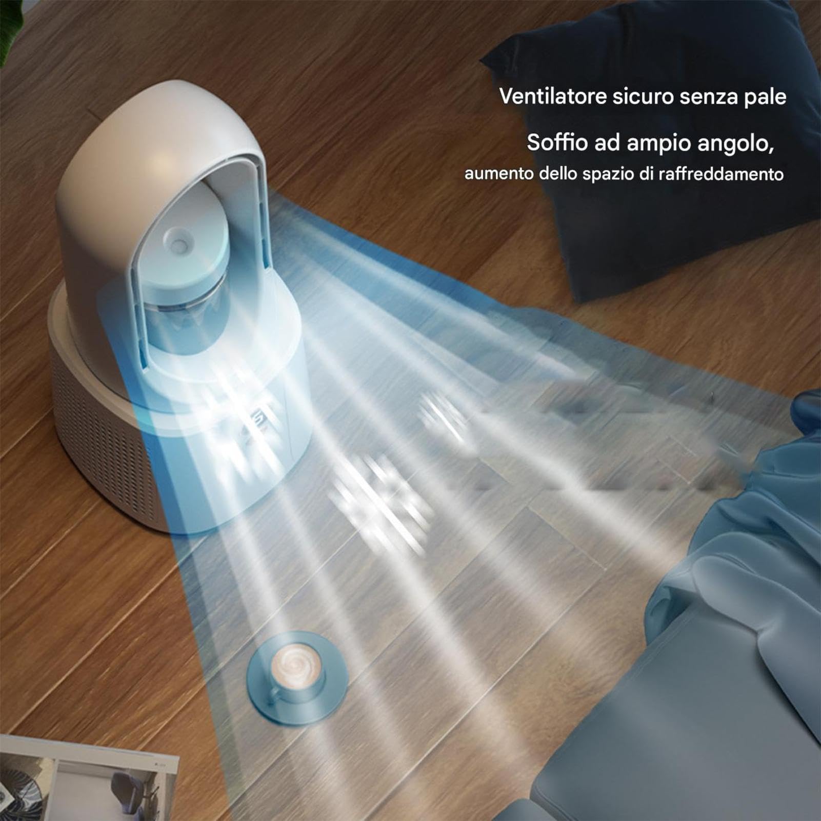Ventilatore A Torre Silenzioso, 6 Velocità Ventilatore Senza Pale | umidificatore e ventilatore rinfrescante, Ventilatore a Piantana con Luce d’ambiente, USB, Per Casa e Ufficio
