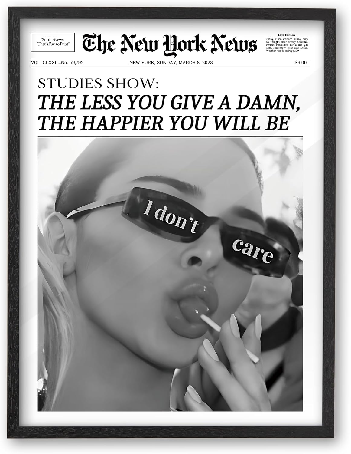 iHery 16x20in Natural Black OAK Wood Trendy Newspaper Framed Wall Art, Modern I don’t Care Retro Bar Cart Canvas Wall Decor For Girly Dorm Bedroom Living Room Birthday Gift 1Pack