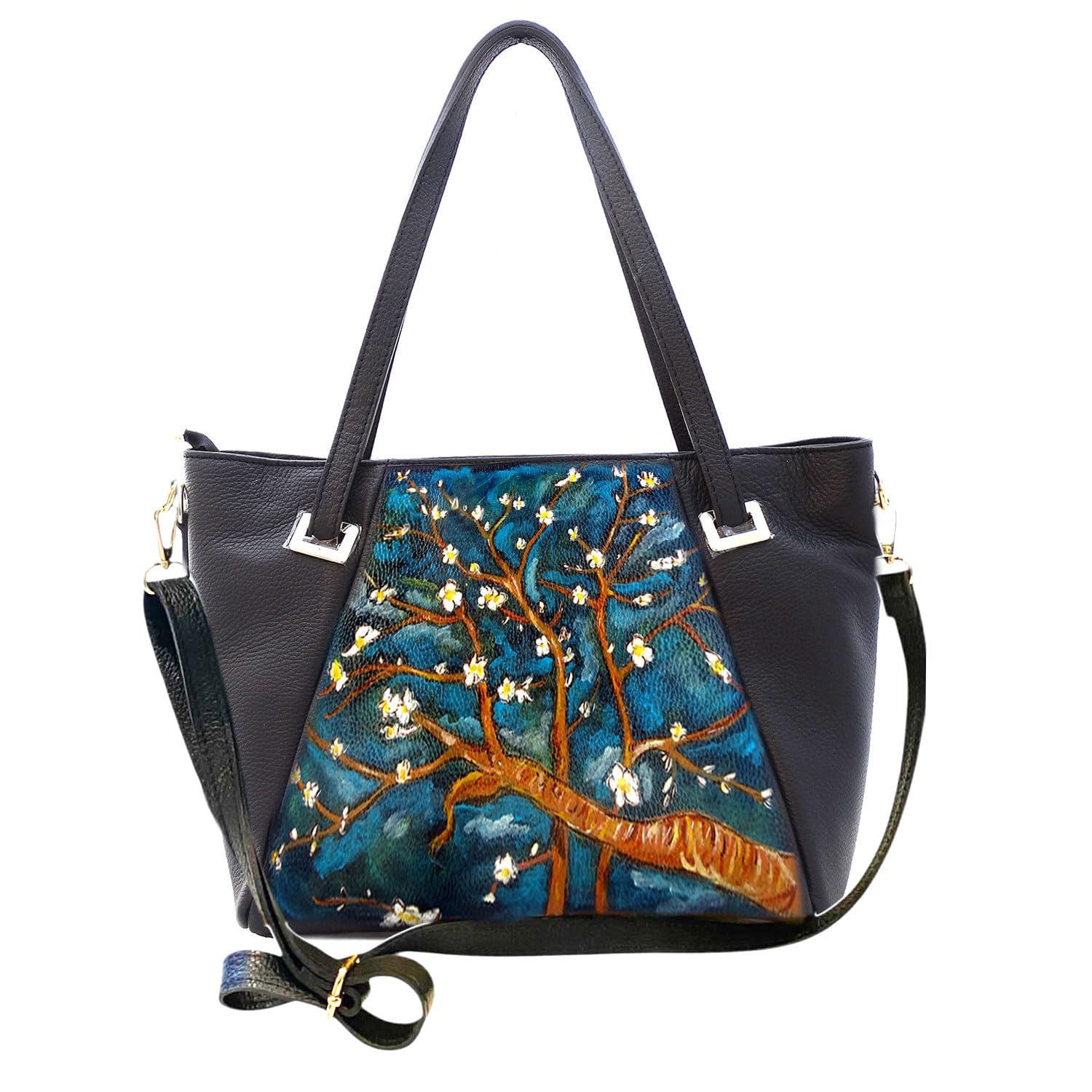Arte Lisanti Borsa in Pelle Dipinta a Mano – IL MANDORLO QUADRO FAMOSO – a Spalla, a Tracolla, Shopper, Maxi, Con Tasca interna, Shopping Donna, Idea Regalo, Artigianato Italiano, Made In Italy