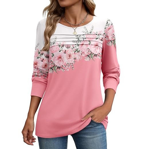 Zeagoo Long Sleeve Shirts for Women Casual Fall Fashion Crewneck Pleated Tunic Tops Work Outfit Blouse
