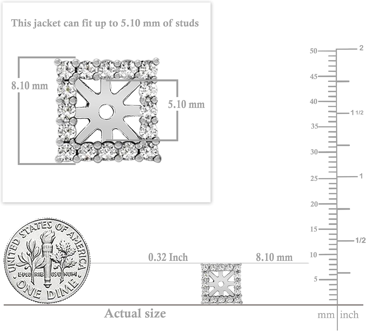 Dazzlingrock Collection 0.45 Cttw 14k White Diamond Square Shape Removable Jackets for Stud Earrings, Solid White Gold