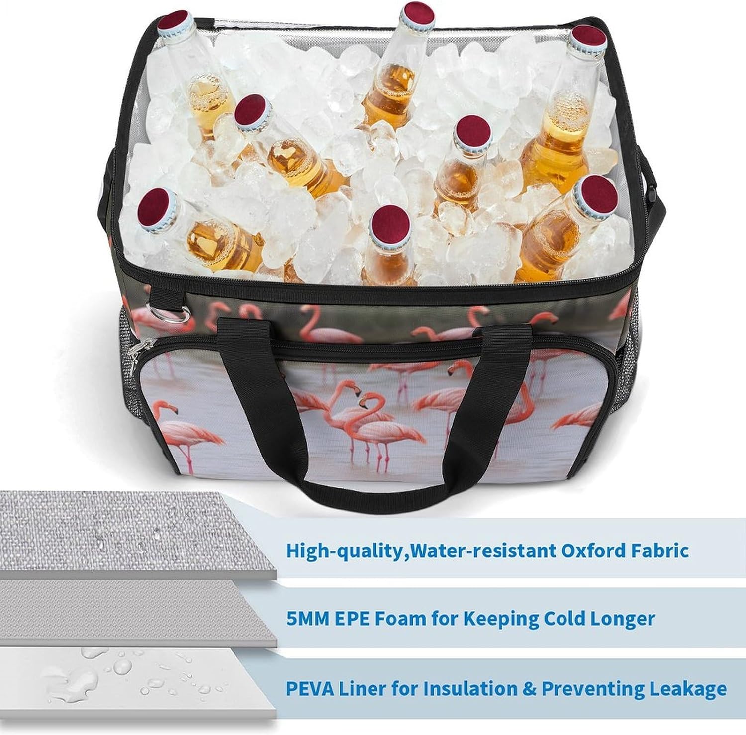 Large Capacity Oxford Cloth Pink Flamingos Printed Camping Ice Bag, Outdoor Portable Insulation and Cooling Bag, Suitable for Outdoor Camping and Picnics