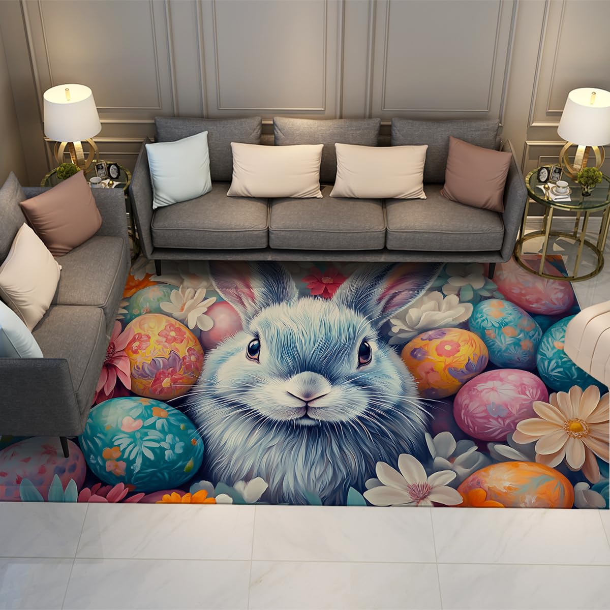 Tapis lapin Pâques fantaisiste 140x200cm antidérapant et doux pour chambre de bébé