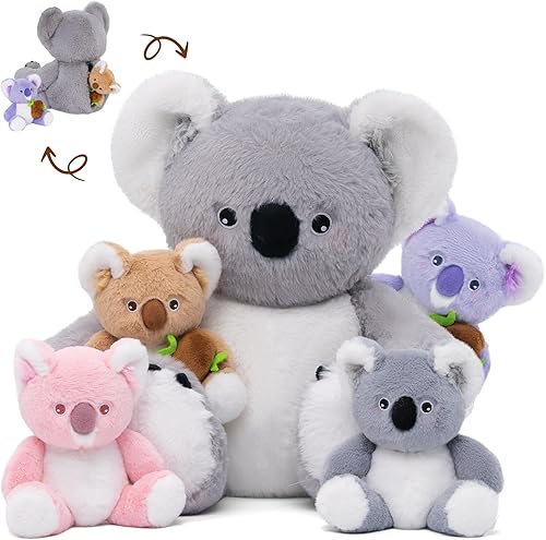 OUOZZZ Koala - Animales de peluche con bebés en el interior de 12 pulgadas, juguetes de peluche de koala con 4 bebés, juguetes de regalo para niñas