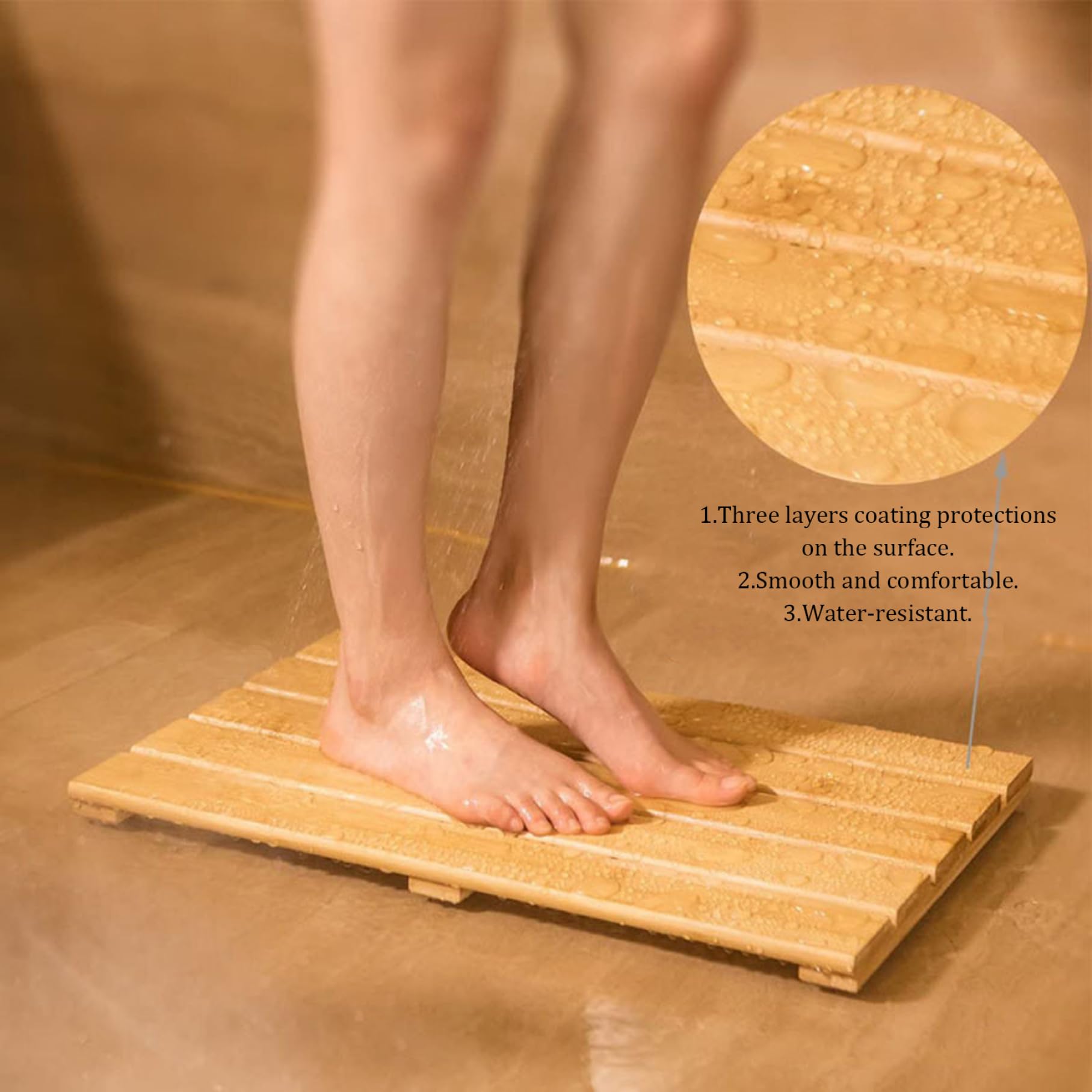 Alfombra de baño de bambú, Alfombra de Ducha de bambú Natural Antideslizante de 19, 7 x 13, baño Impermeable con Orificios de Drenaje, Ducha Interior y Exterior para SPA, Sauna, Piscina