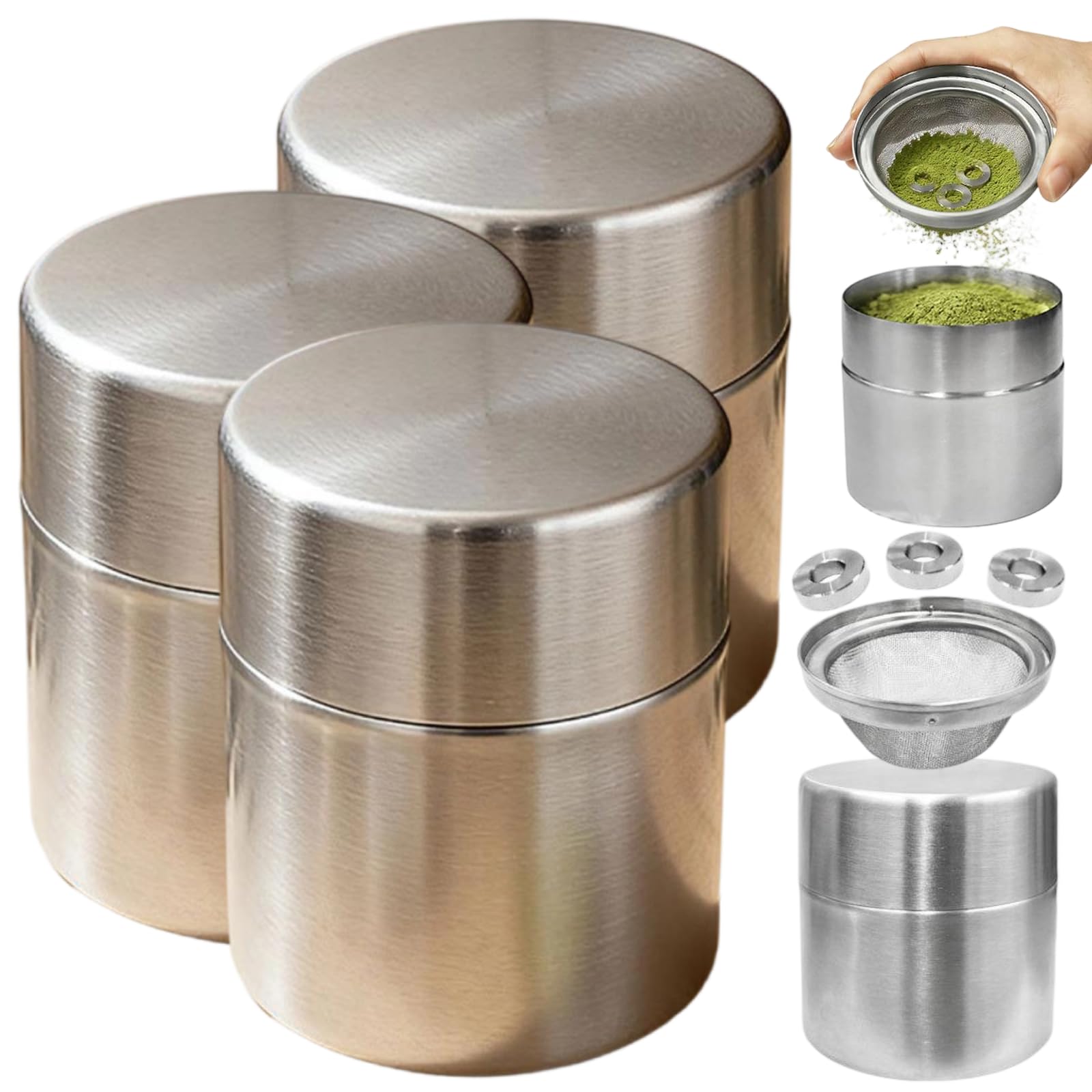 Matcha Shaker zestaw pojemników, hermetyczny mini pojemnik do przechowywania, stal nierdzewna 304, z pierścieniami mieszającymi, sitko z drobnej siatki do kawy, kakao, proszku matcha