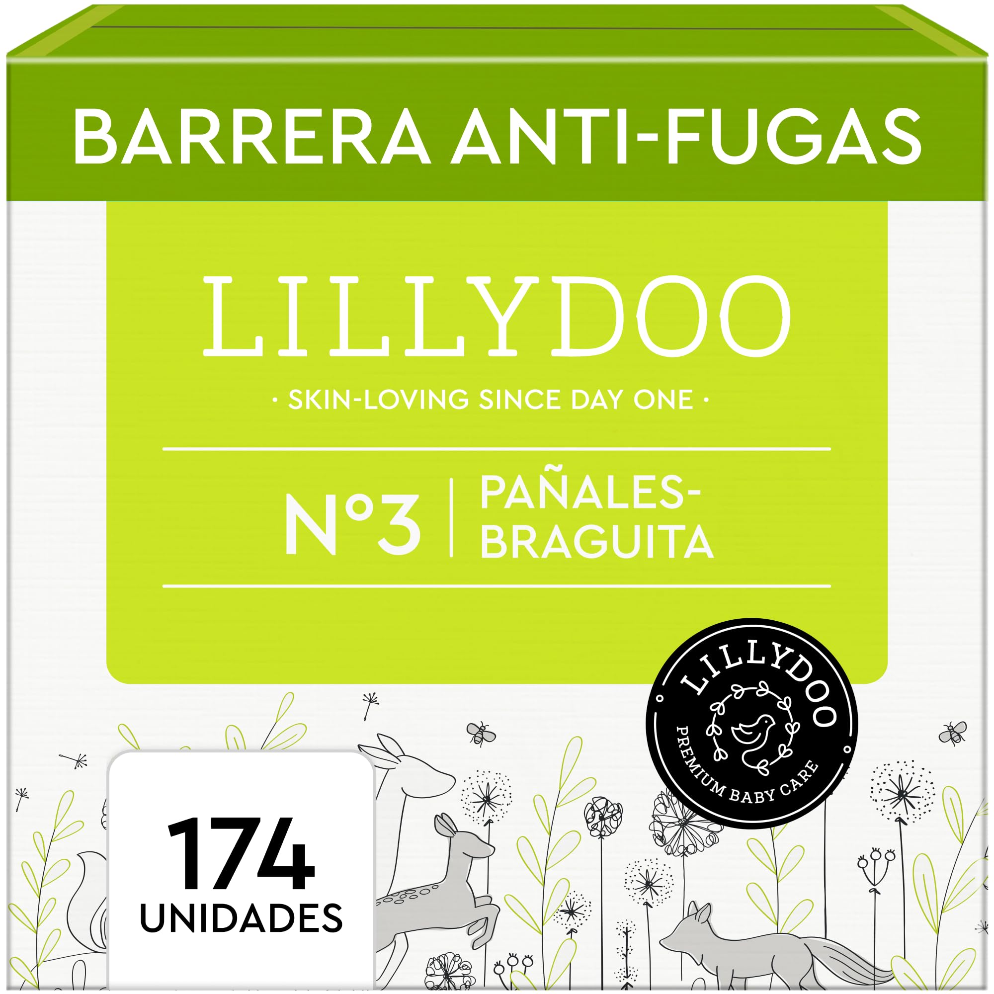 Pañales-braguita LILLYDOO - talla 3 (6-10 kg), caja mensual (174 unidades), protección contra fugas, delicados con la piel, suaves, sin perfumes ni lociones, dermatológicamente testados