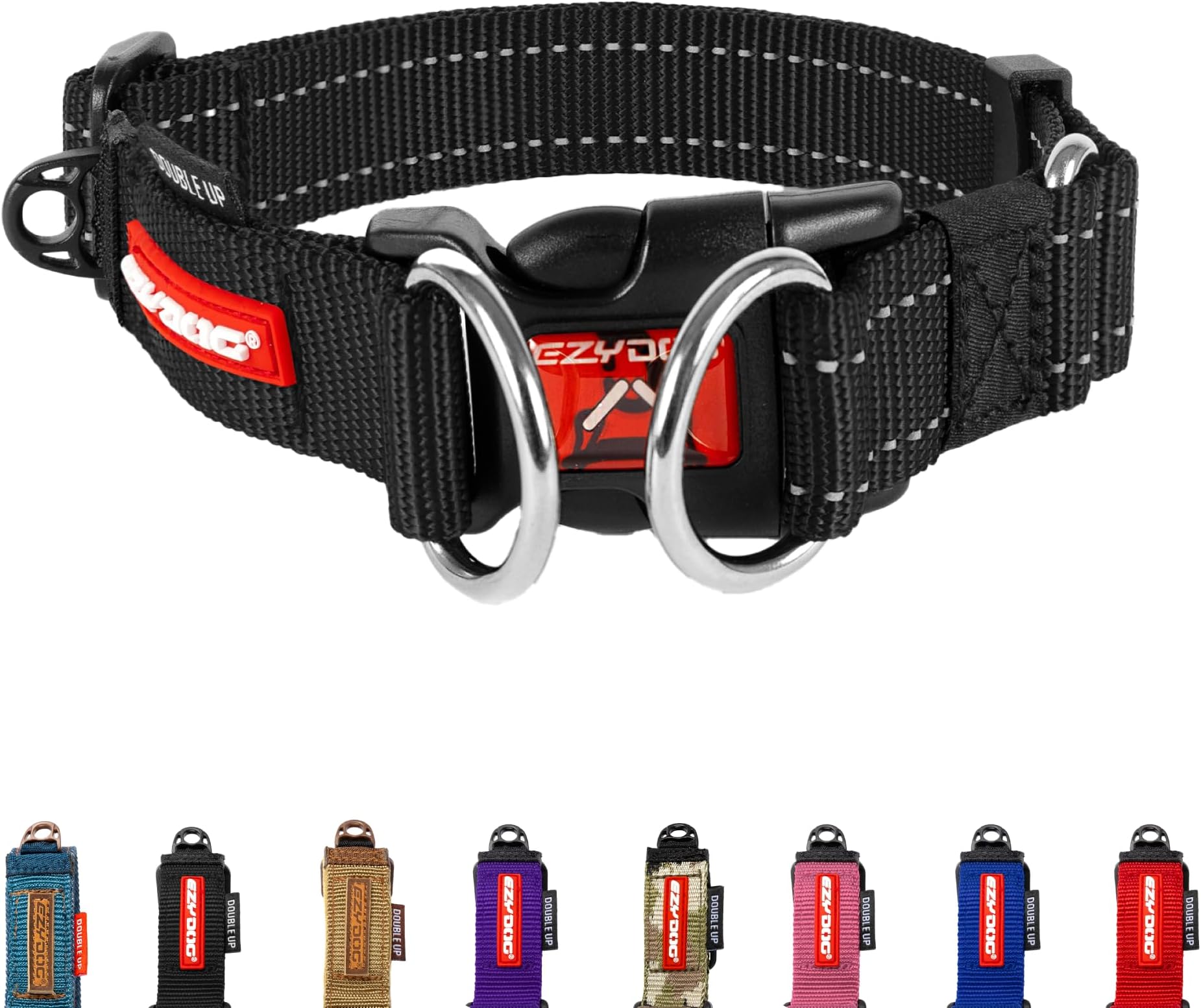 EzyDog Double Up Dog Collar - Reflective Dog Collar Medium with ID Tag D-Ring, For Small, Medium & Large Dogs - Supreme Comfort with Soft & Strong Nylon Webbing - Black