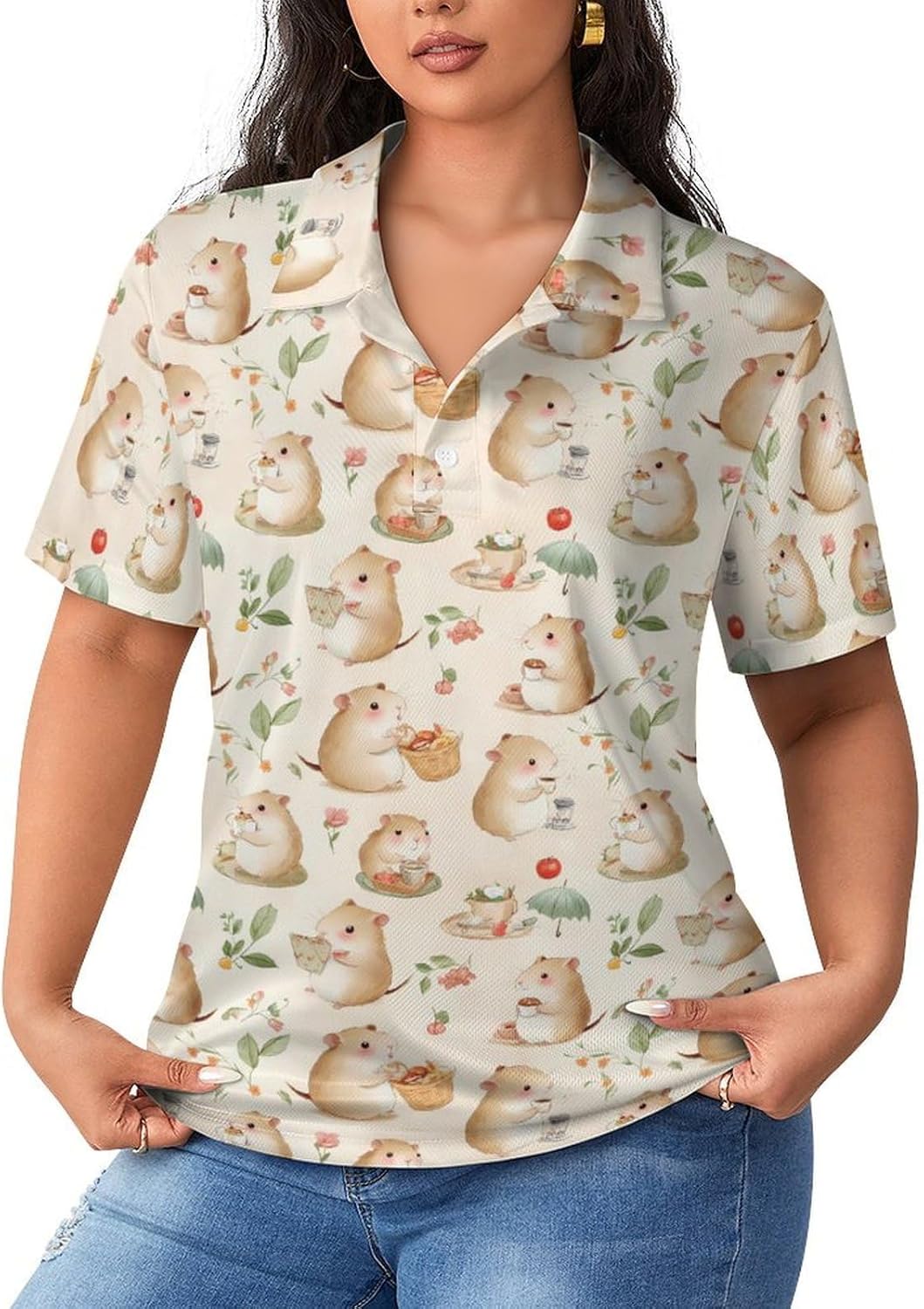 Cute Hamsters Women's Golf Polo Shirts Short Sleeve Quick Dry Tennis Tops Casual Work Blouses