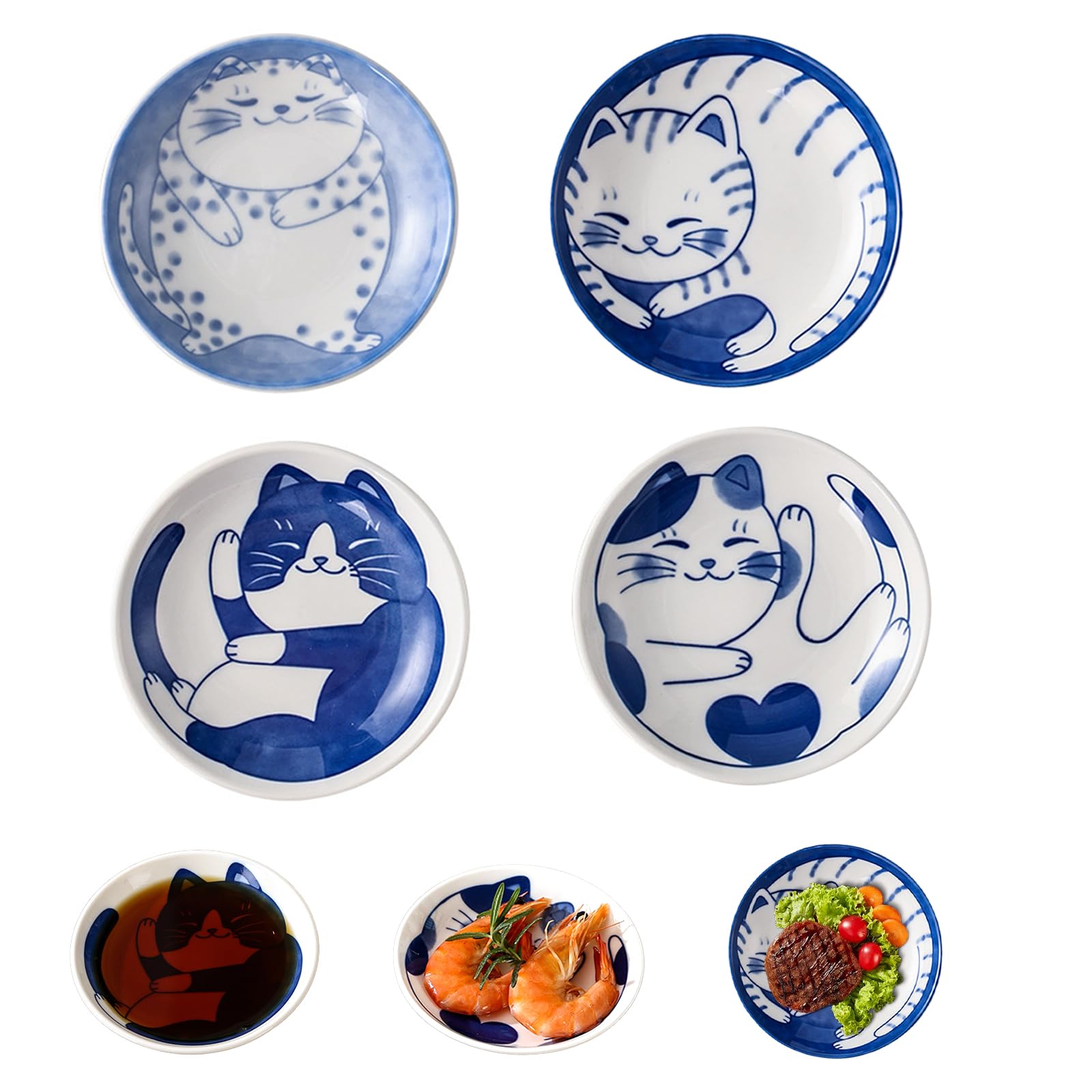 Tioeng 4 Pieces Japanese Sushi Sauce Small Cats Plates Set,Soy Sauce Dish,Mini Round Ceramic Cats Pattern Glazed Plate for Appetizer Plates Dessert Sushi Sauce Small Plate 3.9 x 0.7inch