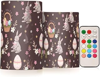 2 Pack Plastic Flameless Candles Easter Egg Bunny Pattern Battery Operated with Remote and Timer Real Wax LED Flickering Pillar Candles Set Window Christmas Holiday Decor
