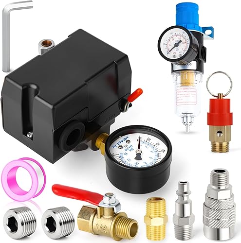 Miniatura 18 de MEANLIN MEASURE Válvula de control del interruptor de presión del compresor de aire 120-150 PSI 110V-240V Piezas de repuesto de 1 vía Con manómetro