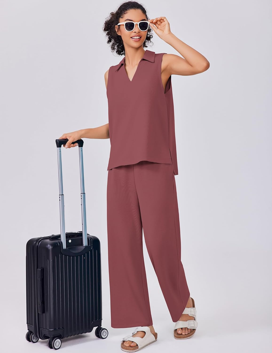 PINSPARK Two Piece Sets for Women Summer Outfits Sleeveless Lounge Sets V Neck Tops Wide Leg Crop Pants Travel Tracksuit - Image 3